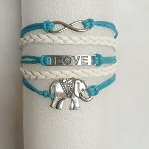 Blue And White Braided Bracelet with Silver Love Accents 7 Inches
